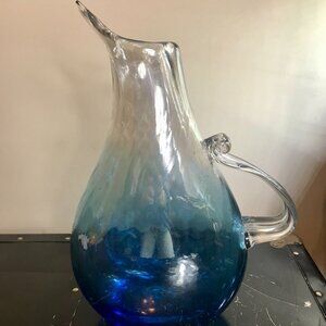 Blenko Handcraft Handblown Glass Large Blue Putcher Jug Vase 13.5" Tall